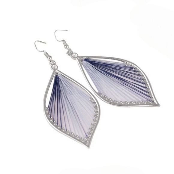 Silk Teardrop Woven Thread Statement Earrings Two Tone Blue and Silver NWT - Picture 3 of 4